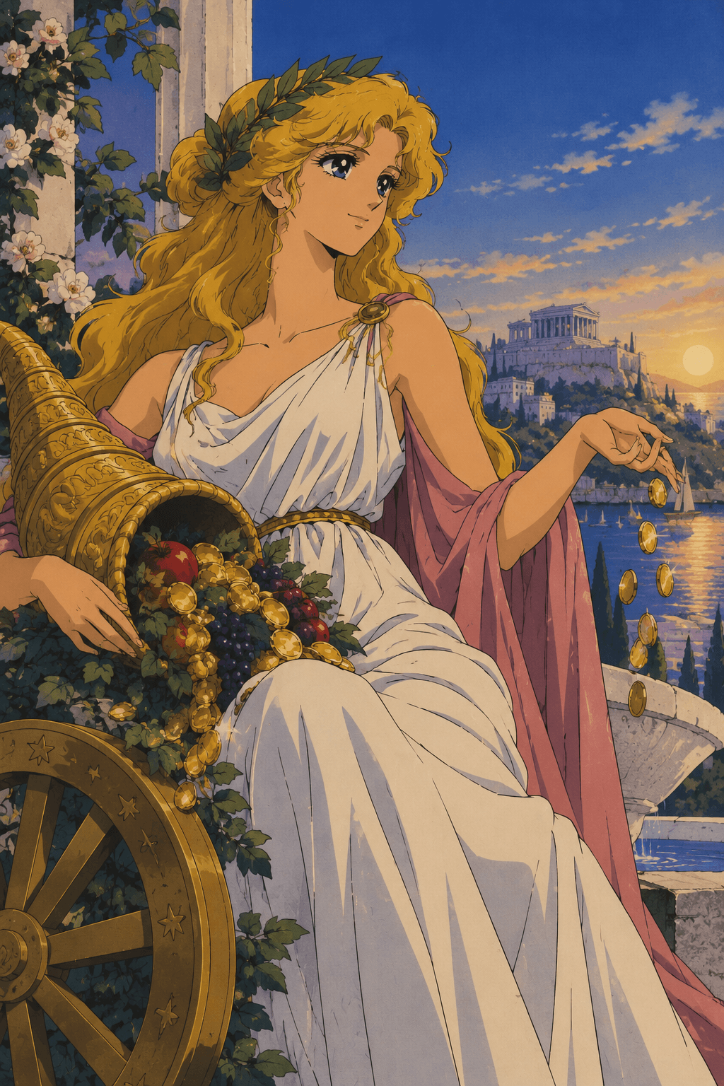 Fortuna, drawn in the style of 1980s anime, seated on a terrace above the sea at sunset with a temple on the hill behind her, a cornucopia of fruit and coins in one arm, letting gold coins fall from her other hand beside a golden wheel.